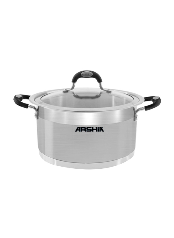 Arshia 26cm Stainless Steel Round Casserole with Glass Lid, SS064-2189, Silver