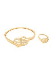 Florence Collection 2-Piece 18k Gold Plating Bangle Bracelet and Ring Set for Women with Cubic Stones and Leaf Design, Gold