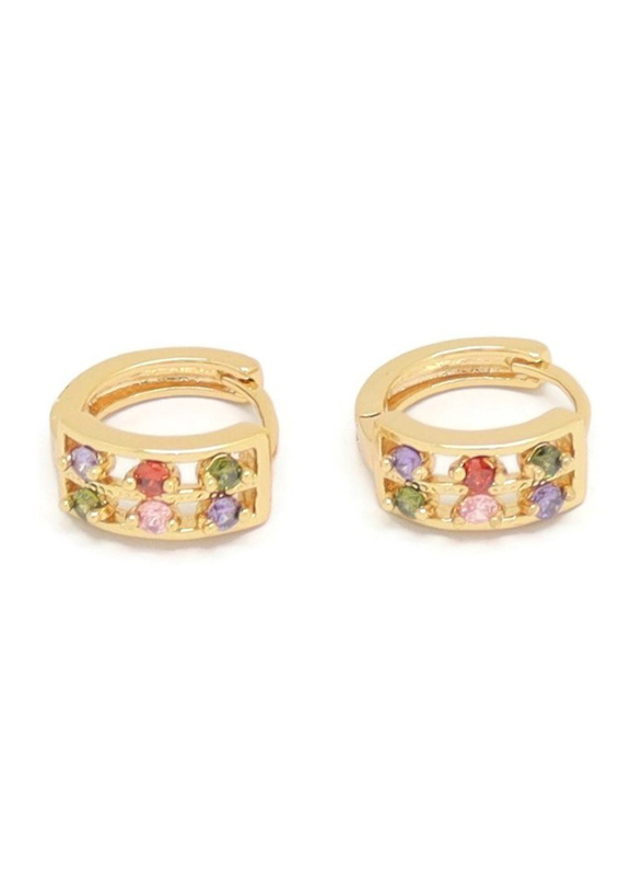 Florence Collection Gold Plated Copper Six Round Shape Crystal Huggie Clip Earrings for Women, with Multi Stones, Red/Green/Pink/Purple/Gold