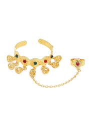Florence Collection 2-Pieces Gold Plated Copper Bell-Shape Indian Jhumka Cuff Bracelet & Ring Jewellery Set for Kids, with Ruby and Emerald Stones, Gold
