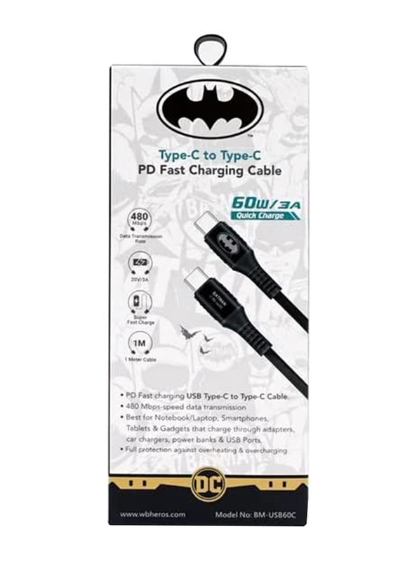 Touchmate 1-Meter Batman USB Type-C Fast Charging Cable, USB Type-C to USB Type-C for Tablet and Smartphone, Black