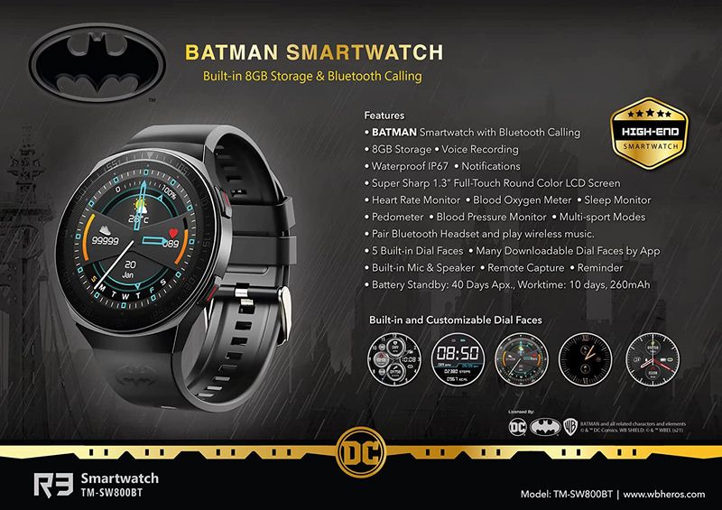 Touchmate Batman 33mm Waterproof Smart Watch with Built-in 8GB Storage and Bluetooth Calling, Black