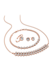 4-Pieces Rose Gold Plated Brass Jewellery Set for Women, with Necklace, Bracelet, Ring and Earring, Crystal Stones, Rose Gold