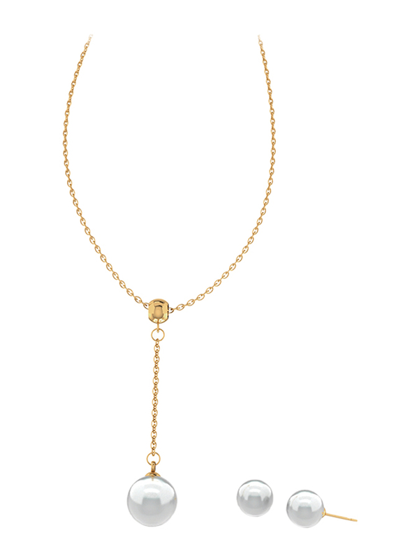 2-Piece Stainless Steel 18K Gold Plated Jewellery Set for Women, with Necklace and Earrings with Faux Pearl, Gold/White
