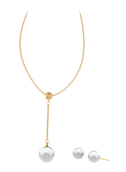 2-Piece Stainless Steel 18K Gold Plated Jewellery Set for Women, with Necklace and Earrings with Faux Pearl, Gold/White