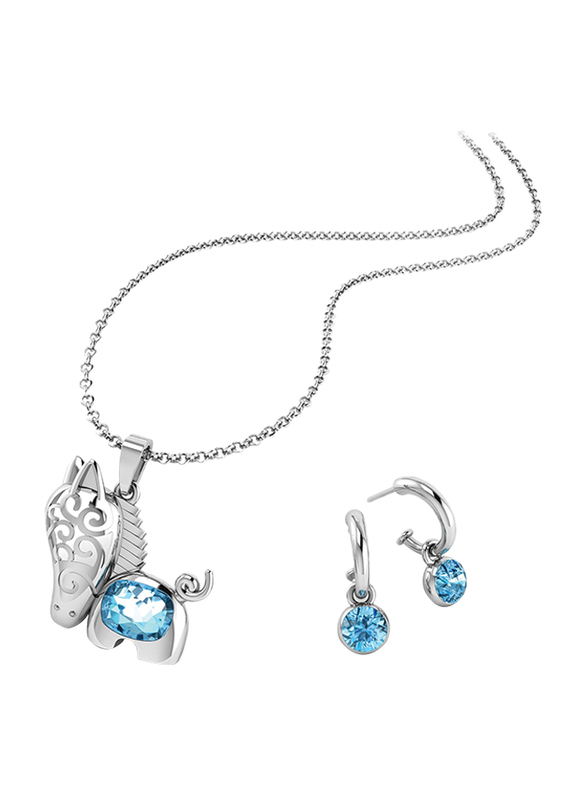 2-Piece Silver Plated Brass Pony Jewellery Set for Women, with Necklace and Earrings with Cubic Zirconia Stones, Silver/Blue
