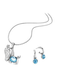 2-Piece Silver Plated Brass Pony Jewellery Set for Women, with Necklace and Earrings with Cubic Zirconia Stones, Silver/Blue