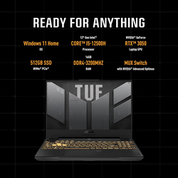 Asus TUF F15 Gaming Laptop, 15.6" FHD Display 16:9 144Hz, Intel Core i5-12500H, 512GB SSD, 16GB RAM, 4GB NVIDIA GeForce RTX 3050 Graphics, EN-AR KB, Win 11 Home, FX507ZC4-HN083W, Mecha Grey