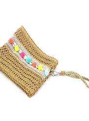 Neza Studio Premium Handmade Summer Rattan Crossbody Handbag for Women with Pom Pom Decor, Brown