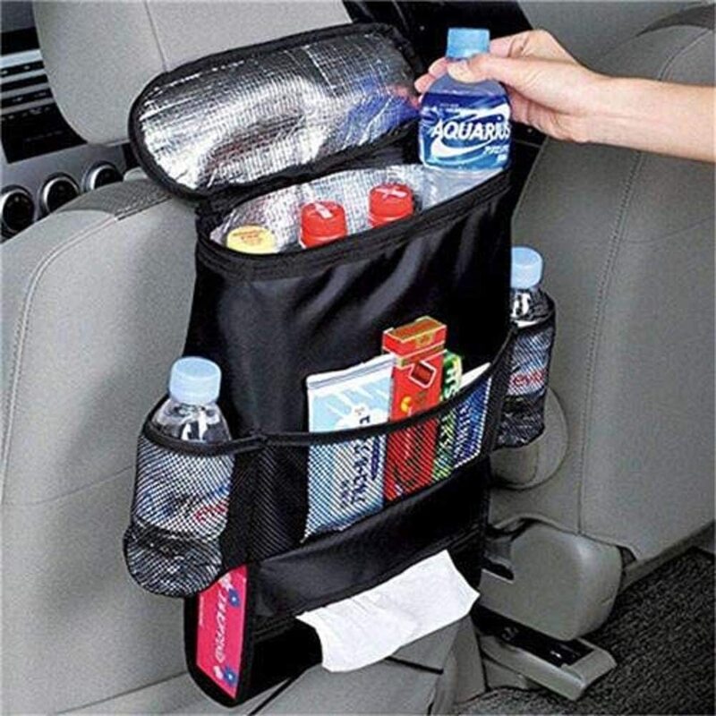 Car Back Seat Beverage and Food Storage Organizer Bag with Drinks Cooler Container, Black