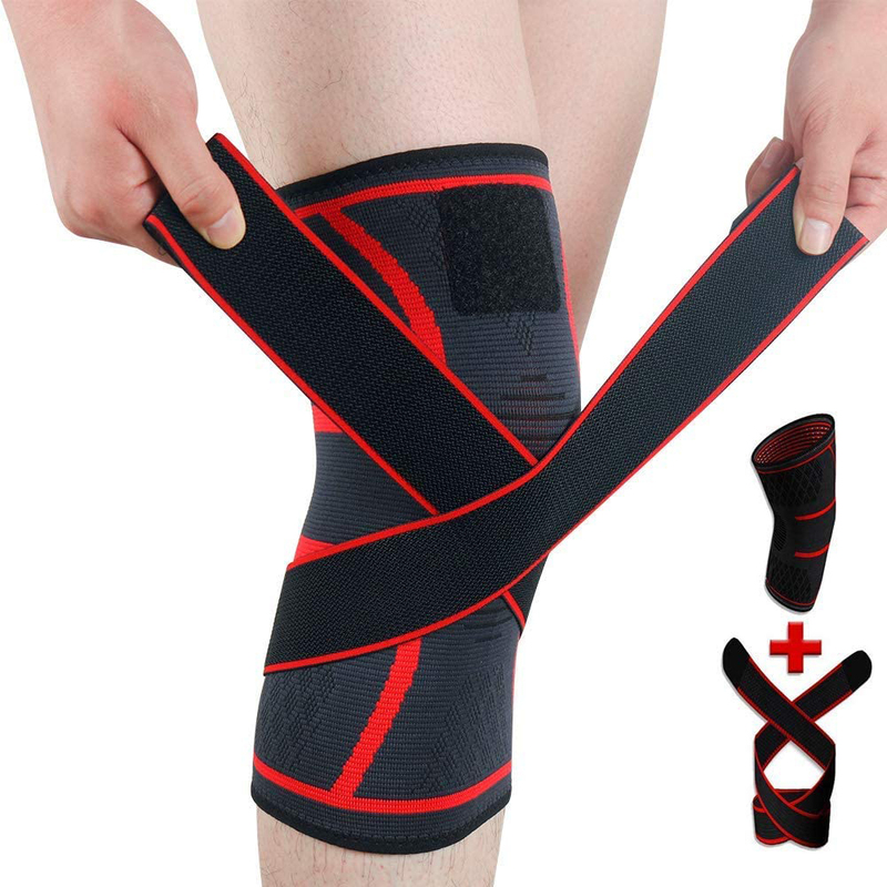 New Generation Knee Brace Support Sleeve Protector Adjustable Compression Wraps Pads, Large, Red/Black