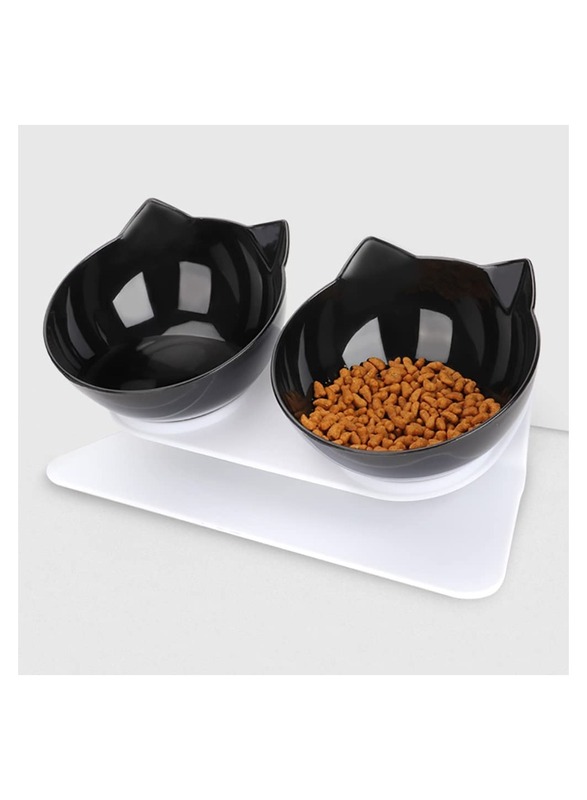15° Tilted Cat Food Feeding Bowl Raised with Stand Cat Food Water Bowl for Cats and Small Dog (Black+White)