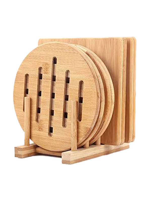 5 Piece Kitchen Natural Bamboo Household Table Rack Plates Shelf Set, Brown