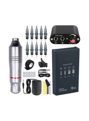 1-Set Tattoo Kit,Tattoo Pen Rotary Tattoo Machine Tattoo Set with Tattoo Needles Bandage and Gloves and 10 Pieces Flat Bottom Cup,Tattoo Pen Colour Silver