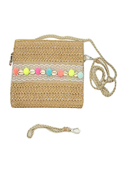 Neza Studio Premium Handmade Summer Rattan Crossbody Handbag for Women with Pom Pom Decor, Brown