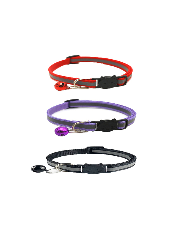 Golden Rose Adjustable Pet Bell Collar, Reflective Patch, 3-Piece, Red/Violet/Black