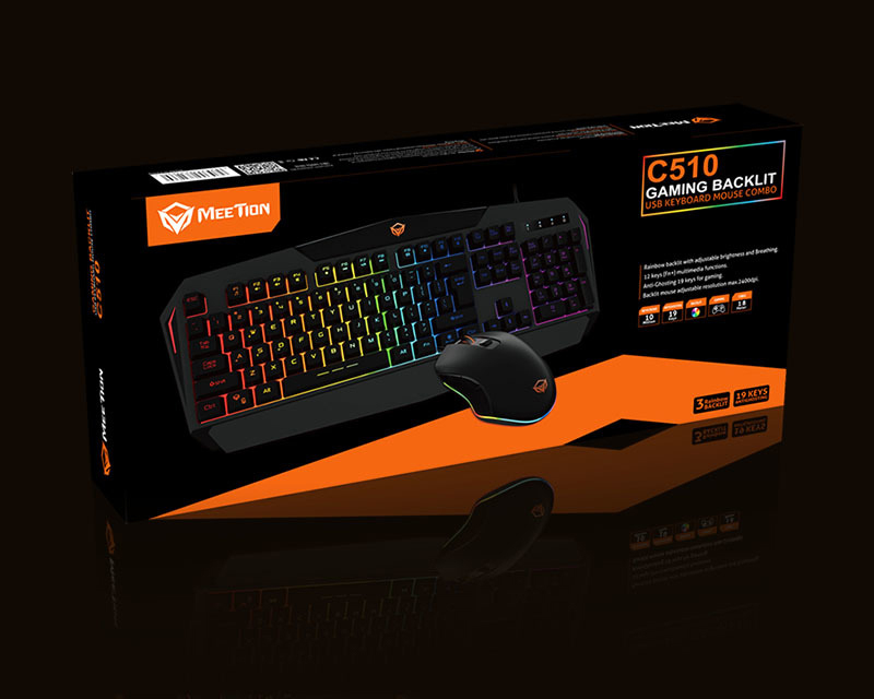 Meetion C510 USB Backlit Wired English Gaming Keyboard and Mouse, Black