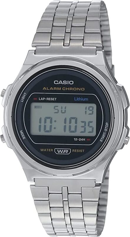 Casio Digital Unisex Watch with Stainless Steel Band, Water Resistant, A171WE-1ADF, Silver-Black