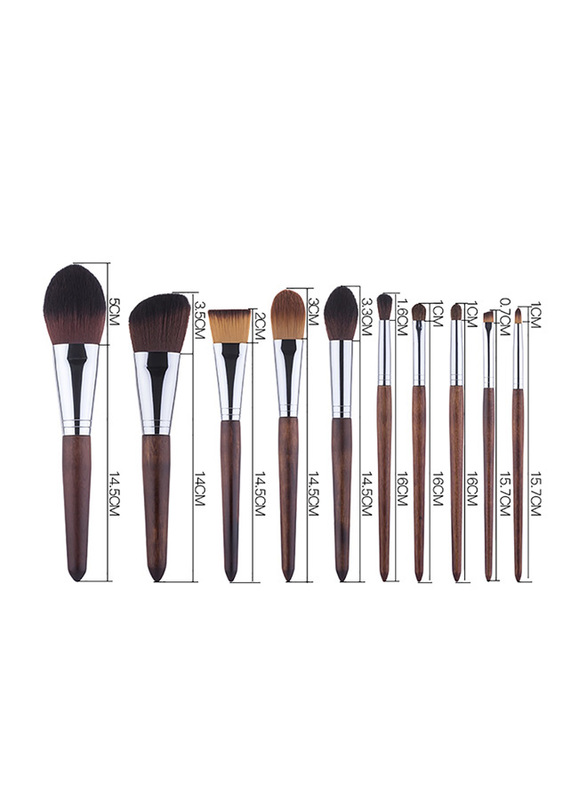 Professional 11 Pieces Wooden Handle Makeup Brushes Set, Brown