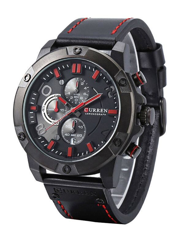 

Curren Analog Leather Sports Watch for Men, Water Resistant with Chronograph, Black-Red/Black, 8285