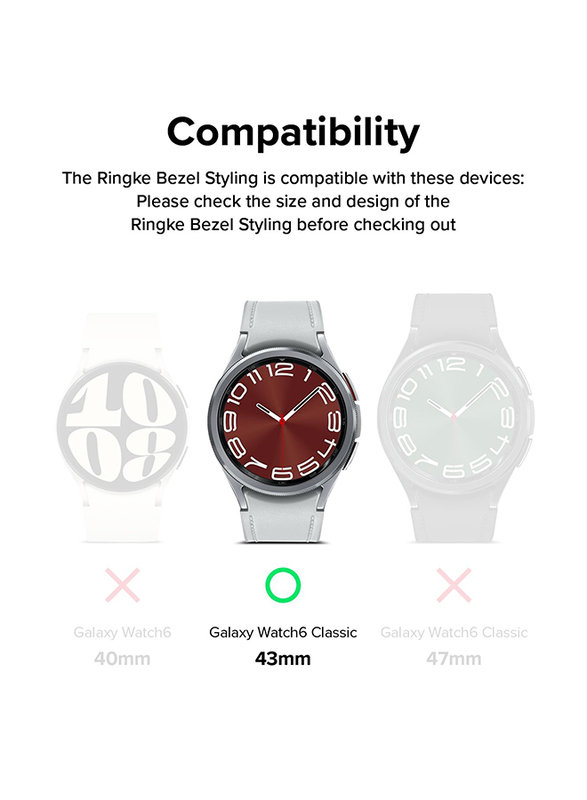 Ringke Bezel Styling Case Adhesive Frame Ring Cover for Samsung Galaxy Watch 6 Classic 43mm Case, Clear/Silver