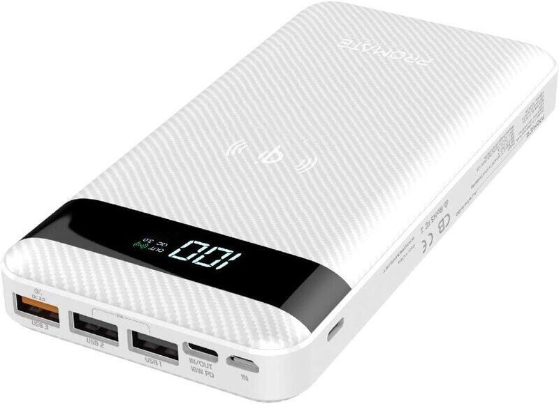 

Promate 20000mAh AuraTank-20 Qi Fast Wireless Power Bank with Type-C and Lightning, Micro USB Input, White