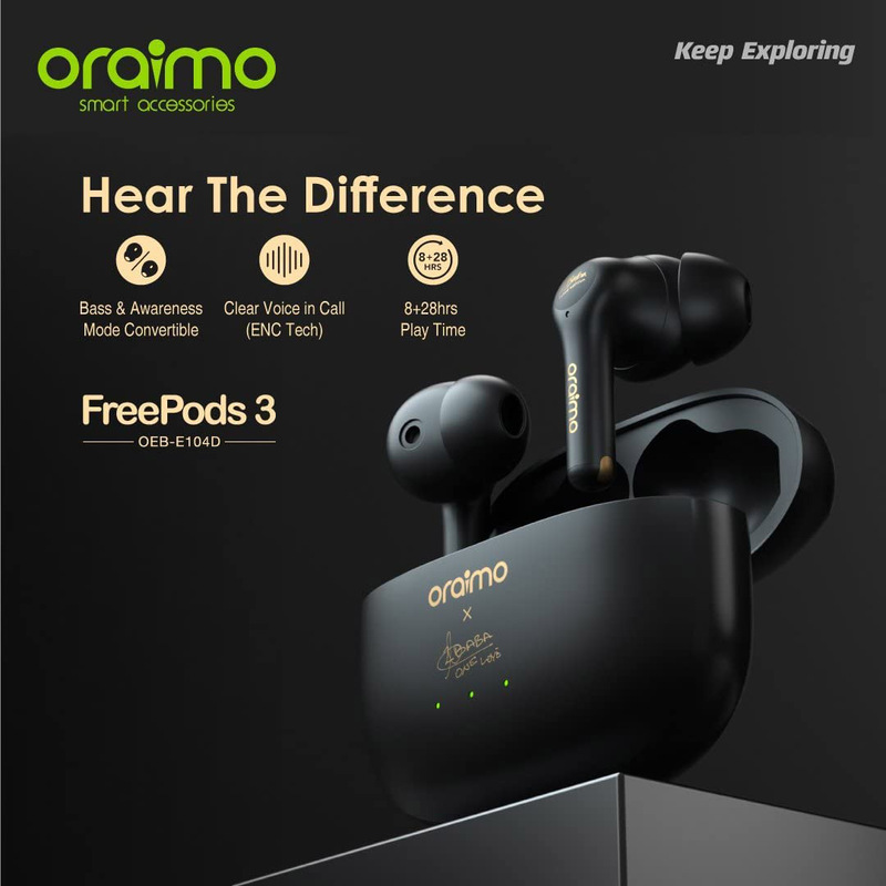 Oraimo FreePods 3 Wireless/Bluetooth In-Ear Noise Cancelling Earbuds, Black