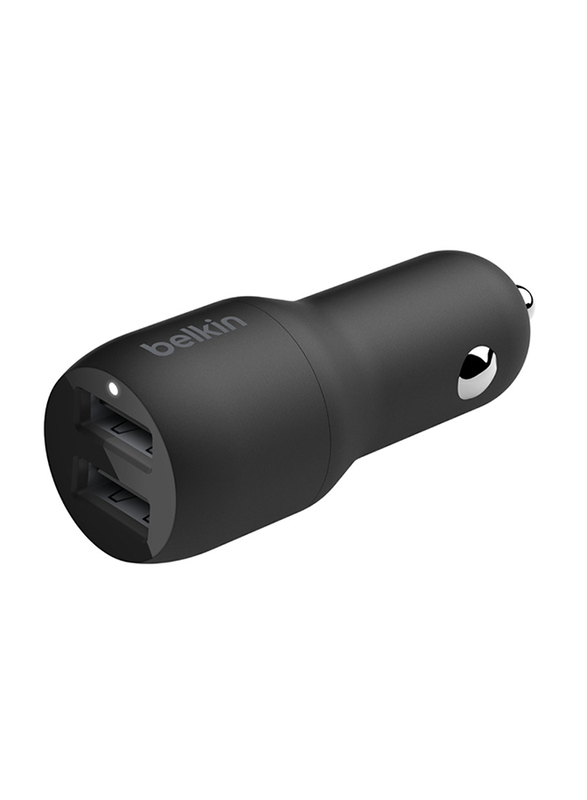 Belkin Boost Dual USB Car Charger, with USB Type A to Lightning Cable, 24W, Black