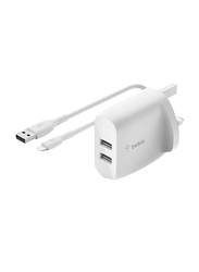 Belkin Boost Charge 24W Dual USB-A Wall Charger with Lightning to USB-A Cable, White