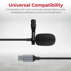 Promate Clip Mic-C USB Type C Lavalier Microphone, Black