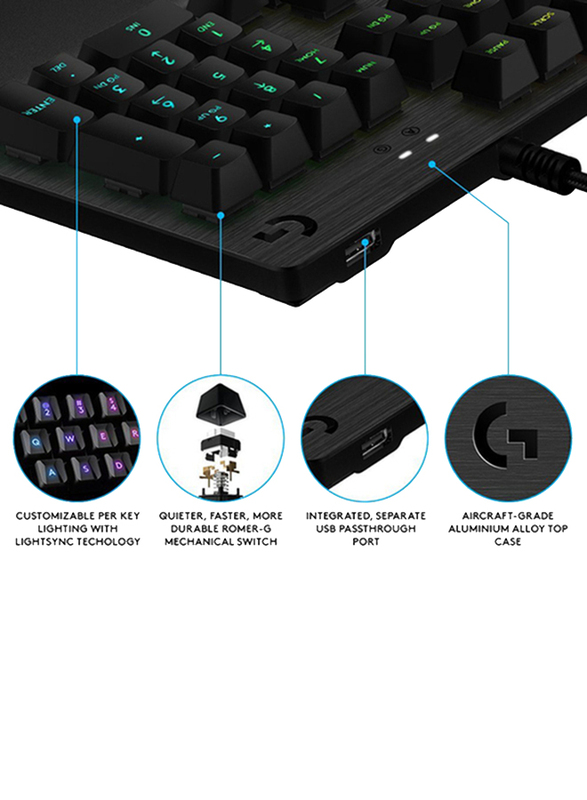 لوجيتك G513 لوحة مفاتيح الألعاب الميكانيكية السلكية الإنجليزية ، أسود
