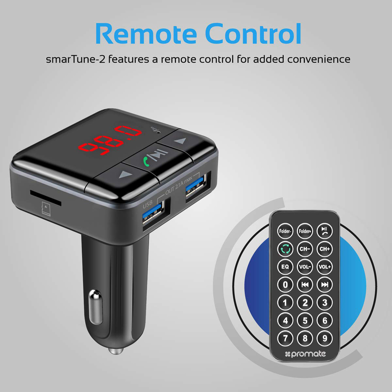 Promate SmarTune-2 Universal Wireless In-Car Bluetooth FM Transmitter for Smartphones/Tablet/MP3, Black