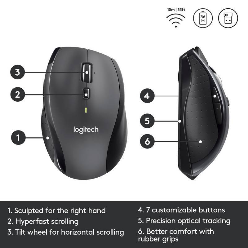 Logitech M705 Marathon Wireless Optical Mouse, Grey/Black