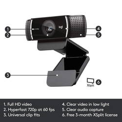 لوجيتك C922 برو ستريم كاميرا ويب لـ يوتيوب / تويتش / XS سبليت / PC / ماك / حاسوب محمول / ماك بوك / تابلت ، أسود