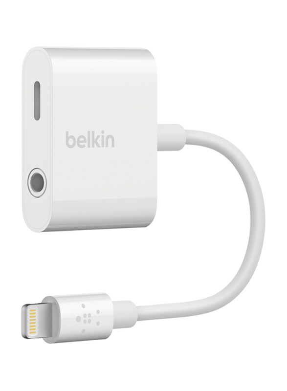 Belkin RockStar 3.5 mm Audio + Charge Adapter, Lightning Male to 3.5 mm Jack/Lightning for Apple Devices, White