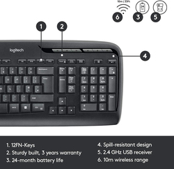 لوجيتك MK330 طقم لوحة مفاتيح وماوس إنجليزي / عربي لاسلكي وماوس ، أسود