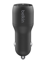 Belkin Boost Charge Dual USB Car Charger, with USB Type A to USB Type-C Cable, 24W, Black