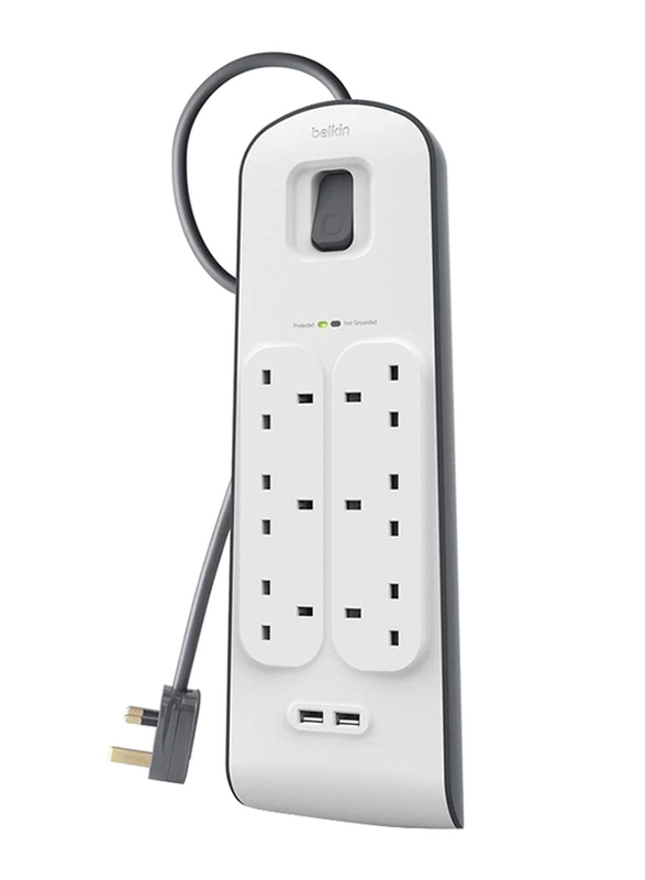 Belkin 6-Outlet Surge Plus Protection Strip, with 2.4A 2 USB Port, White/Grey
