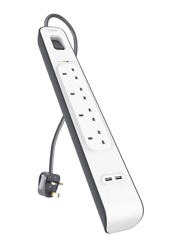 Belkin 4-Outlet Surge Protector Strip, with 2.4A 2 USB Port, White/Grey