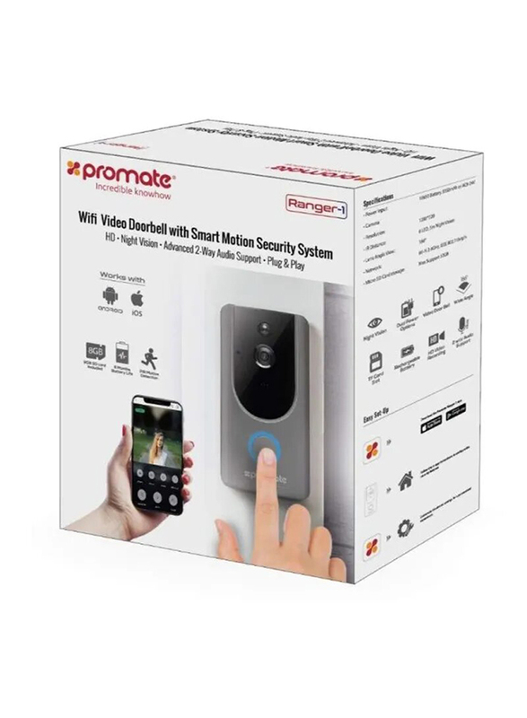 Promate Ranger-1 Wi-Fi Doorbell HD Video Camera, Grey