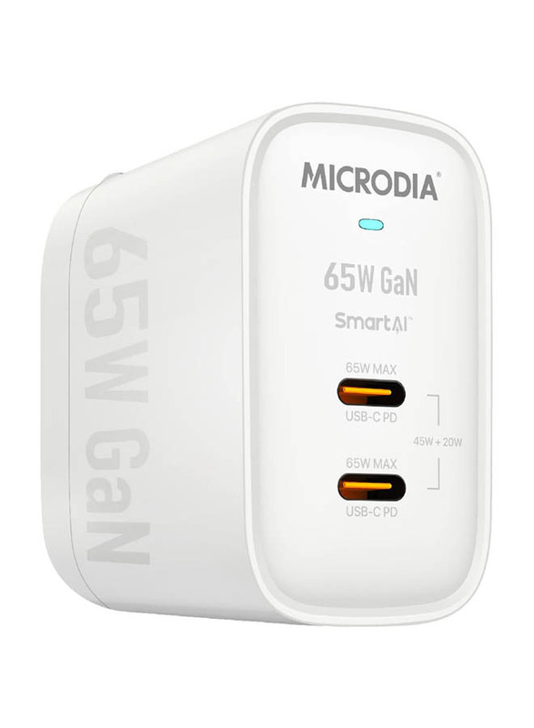 Microdia UK Plug Smartcube 65W GaN Dual USB-C Wall Charger with PPS Charging, White