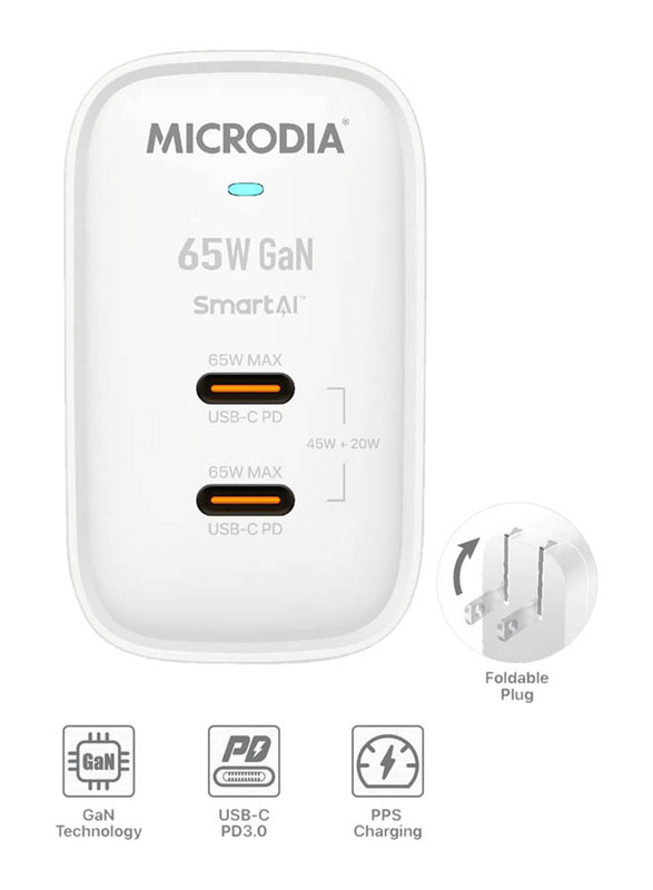 Microdia UK Plug Smartcube 65W GaN Dual USB-C Wall Charger with PPS Charging, White