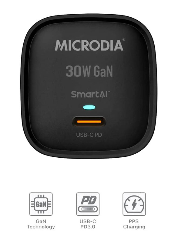 Microdia Fixed UK Plug Smartcube 30W Single USB-C Wall Charger, Black
