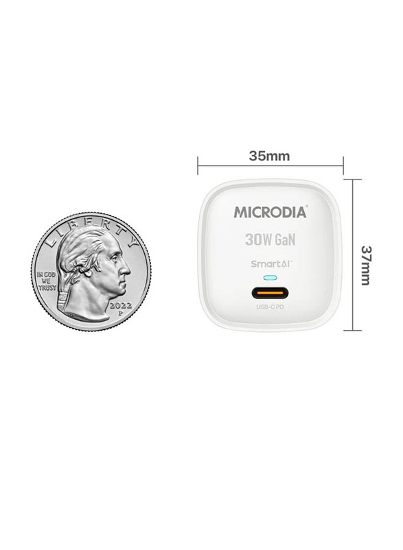 Microdia Fixed UK Plug Smartcube 30W Single USB-C Wall Charger, White