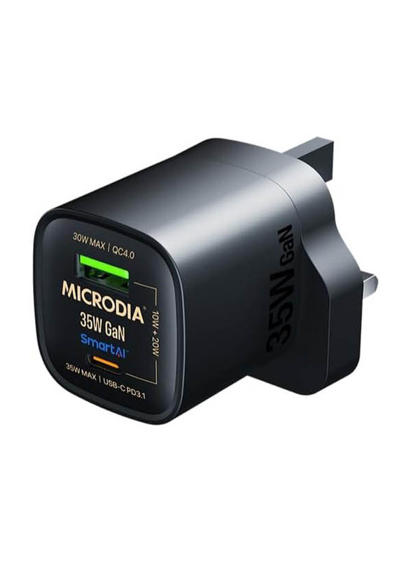 Microdia UK Plug Smartcube 35W Dual USB-C and USB-A Wall Charger, Black