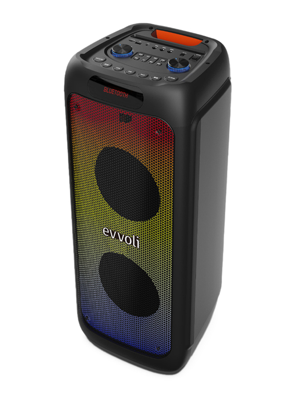 Evvoli Splashproof Portable Bluetooth Party Speaker with Two Wireless Mic and Built in Lights, 160W, Black