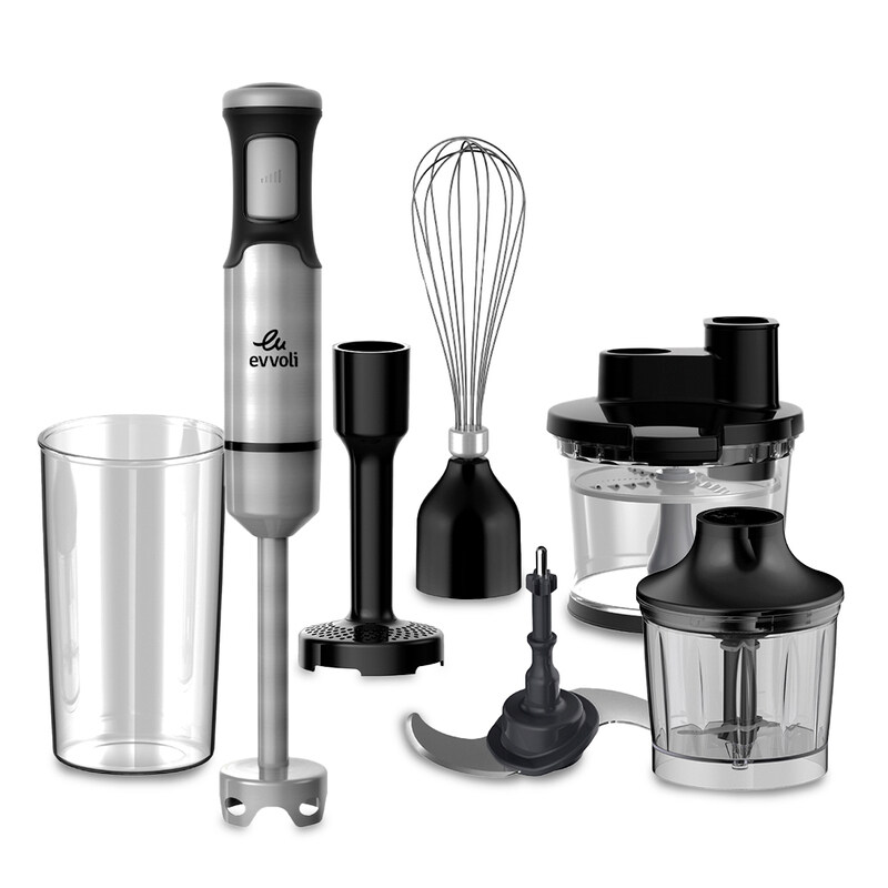 

evvoli 6-In-1 Stainless Steel Stem Hand Blender With Food processor 2l, Whisk, Potato Masher, Beaker 600 ml and Chopper 1000 ml 1200.0 W EVKA-HBL6B Bl