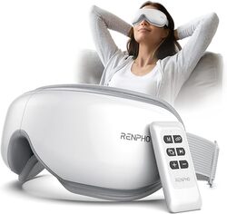 RENPHO Eye Massager with Heat and Vibration, Remote Control, Compression Bluetooth Music Temple Eye Massage Mask Rechargeable for Relax Eye Strain Dark Circles Eye Bags Dry Eyes Improve Sleep-White