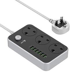 Jbq Universal Electrical Outlet Extension with 6 USB Ports, 3 Anti Static Power Socket, 2 Meters Long Cable, Off White/Grey