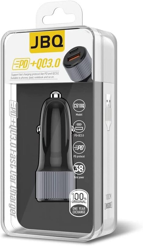 Jbq 38W Fast Car Charger, USB Type-C to USB 3.0, Black/Grey